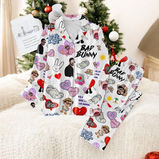 Inspired Bunny Love Vibes 2025 Polyester Pajamas Set, Trendy Streetwear Sleepwear, Unisex Cozy Holiday Outfit