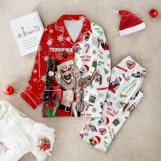 Discover Creepy Santa Christmas Pajamas Set 2025 | Funny Horror Clown Style Polyester Sleepwear for Adults