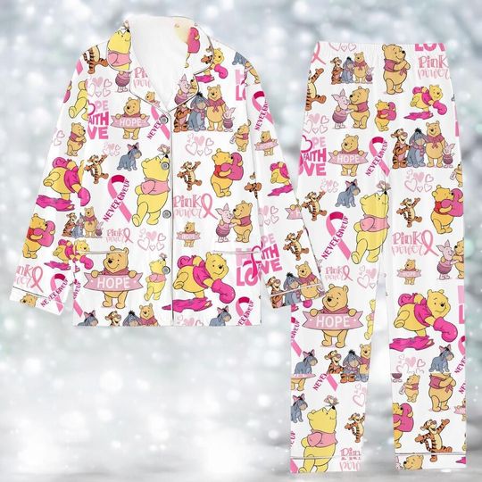 Cute Bear Pink Ribbon Pajamas Set 2025 | Breast Cancer Awareness Sleepwear Support Gift, Girls Night Sleepover Outfit, Christmas Pajamas