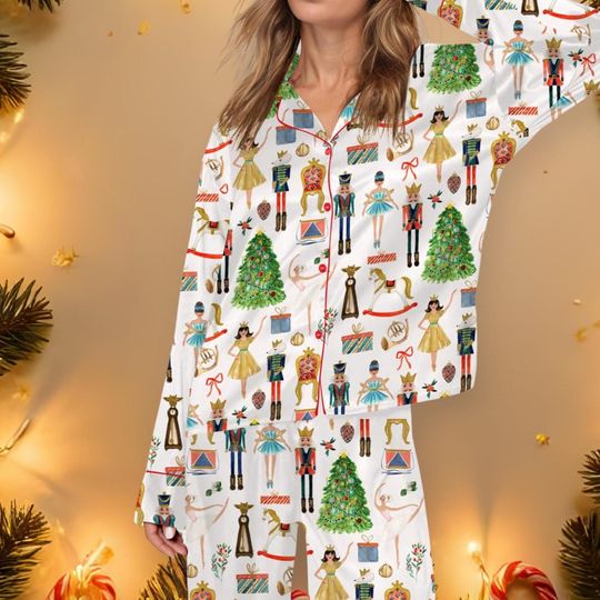 Nutcracker Christmas Princess Pajama Set  Red Black White Sleepwear for Women | Cute Holiday pjs Gift for Winter Nights