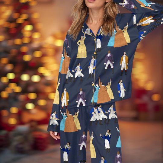 Discover Broadway Night Inspired Pajama Set  Navy, Gold, White Satin Sleepwear for Women | Elegant Musical pjs Gift for Christmas and New Year