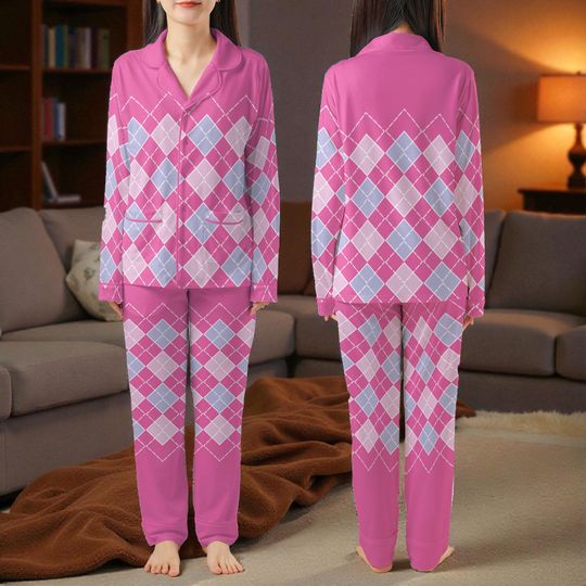 Pink Argyle Pajama Set, Pink Saja Sleepwear with Skiers Print, Kpop Boys Band Pjs Set, Cozy Winter Lounge Set for Adults