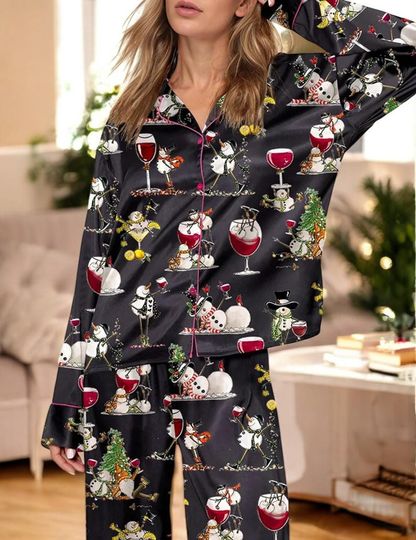 Discover Winey Snowman Christmas Pajama Set  Satin Sleepwear with Snowmen, Green Scarf, Champagne Glass & Festive Print