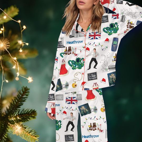 Discover Heathrow Holiday Love Story Pajama Set  White Satin Sleepwear for Women | Christmas Printed pjs Inspired by Romantic London Nights SH10