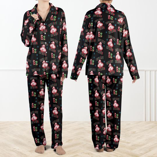 Discover Santa Says Six Seven Meme Christmas Contrast Pajamas Set For Women And Kids, Funny Christmas PJs, Viral Number Print Sleepwear Set
