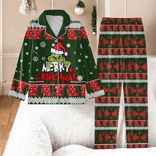 Discover Green Monster Merry Christmas Pajamas Set  Funny Holiday Family Sleepwear