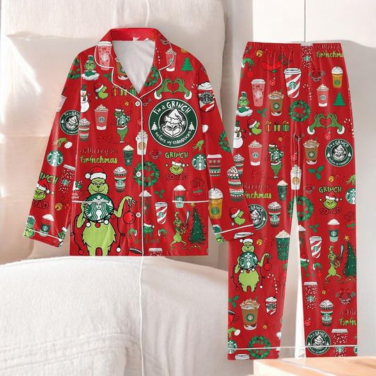 Green Monster Red Cup Christmas Pajamas Set  Coffee Lover Holiday Sleepwear for Winter 2025