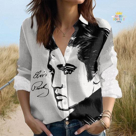 Elvis Presley Blouse, Elvis Presley Gift, Women Button Shirt, Gift for Elvis Presley Fan, King Of Music