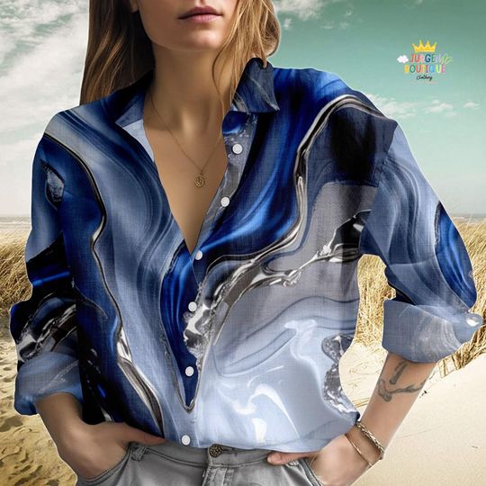 Discover Blue Blouse, Blue Marble Swirl Linen Look Shirt, Ocean Wave Print Button Up, Long Sleeve, Women Button Shirt, Vacation Top for Women