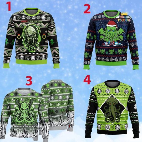 Discover Cthulhu Christmas Ugly Sweater, Merry Cthulhumas Holiday Sweater, Christmas Sweatshirt, Gift for Sci-Fi Lovers, Ugly Sweater Print