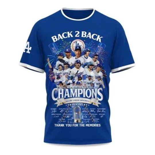Discover Dodgers World Series 2024 2025 Back 2 Back Champions 3D Shirt, Gift For Fan