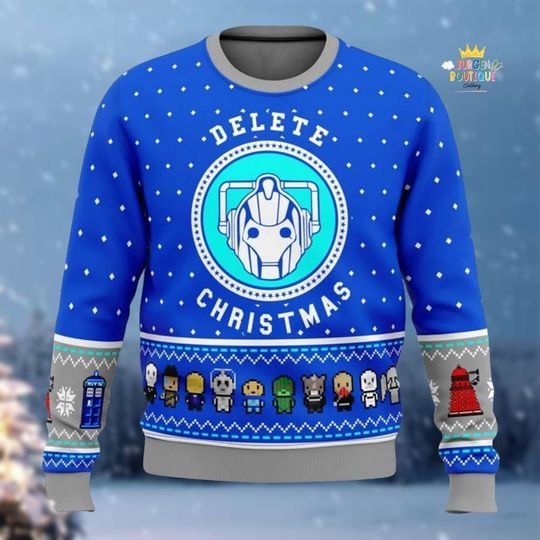 Doctor Who Delete Ugly Sweater, Tardis Police Box Xmas Sweater, Doctor Who Tardis Ugly Christmas Sweater, Christmas Gift