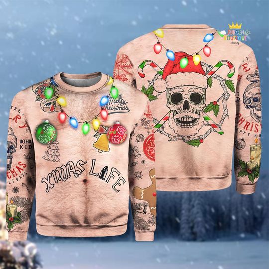 Discover Xmas Life Tattoo Ugly Christmas Sweater, Funny Muscle Chest Skull Sweater, Holiday Lights Novelty Xmas Sweatshirt, Christmas Gift