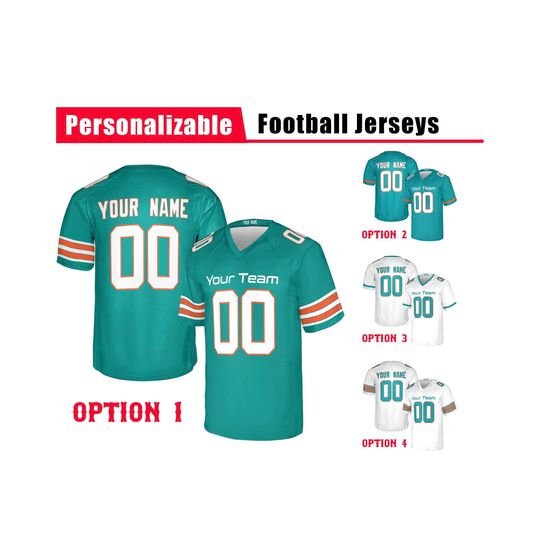 Discover Custom Miami Dolphins Football Jersey, White Aqua, Adult Sizes