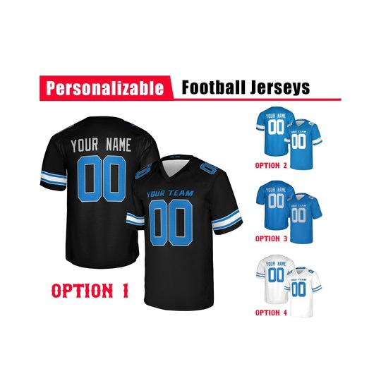 Discover Custom Detroit Lions Football Jersey, White Blue Black, Adult Sizes