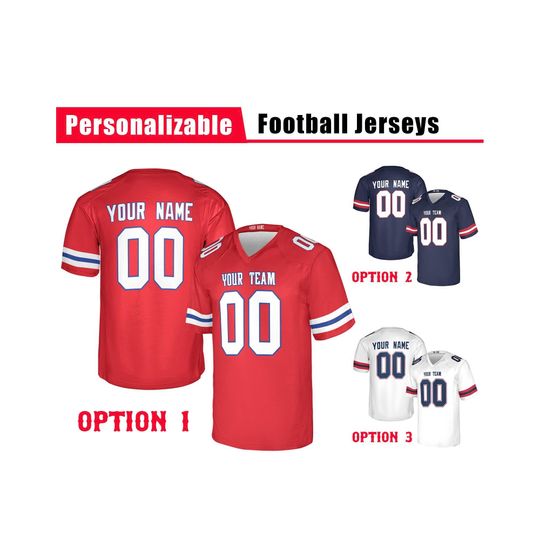 Custom New England Patriots Football Jersey, Red Navy White, Adult Sizes