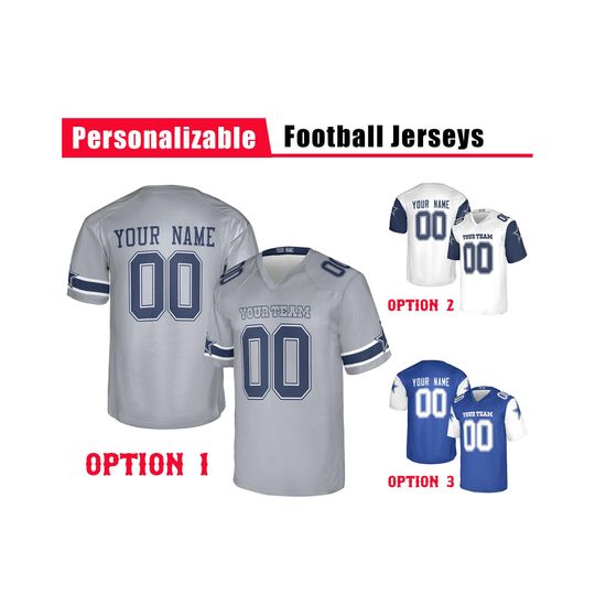 Discover Custom Cowboys American Football Jersey, Gray White Blue, Adult Sizes