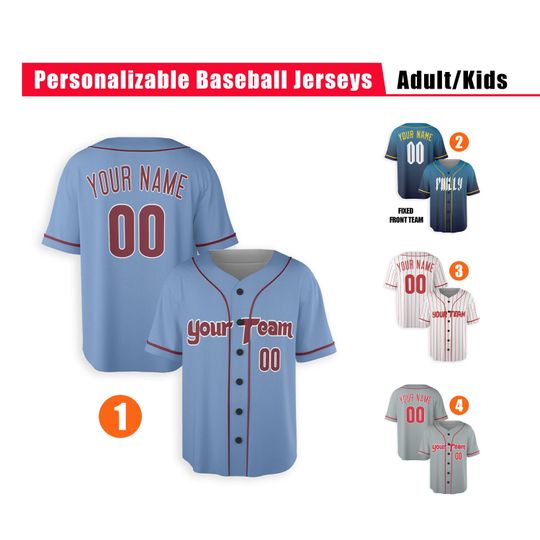 Custom Philadelphia Phillies Jersey - Piping Options - Infant, Toddler, Youth, Adult