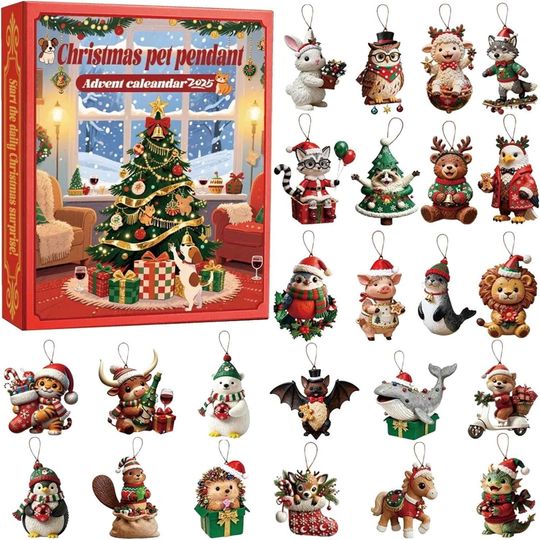 Discover Christmas Pet Advent Calendar 2025 with 24 Animal Ornaments Dog Cat Bunny Reindeer Figurines Holiday Countdown Gift Box