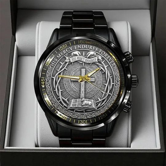 Discover His Mercy Endures Forever Black Stainless Steel Watch