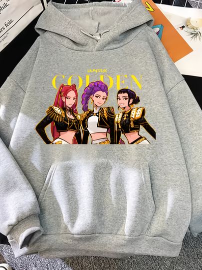 Discover Demon Hunter KPOP Anime Hoodie Korean Pop Culture Sweatshirt with Golden Logo Male Female Character Print Pullover
