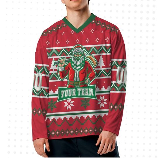 Discover Custom Hockey Jersey - Santa Logo Ugly Pattern Red Green, Personalized Christmas Shirt for men, Matching Team Outfit, Gift for Boyfriend
