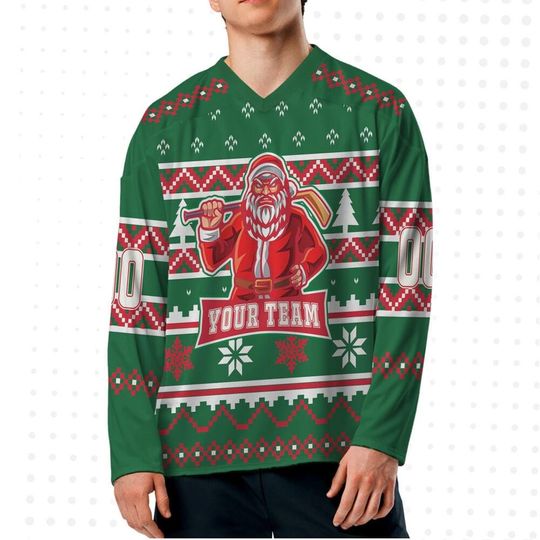Discover Custom Hockey Jersey - Santa Logo Ugly Pattern Green Red, Personalized Christmas Shirt for men, Matching Team Outfit, Gift for Boyfriend