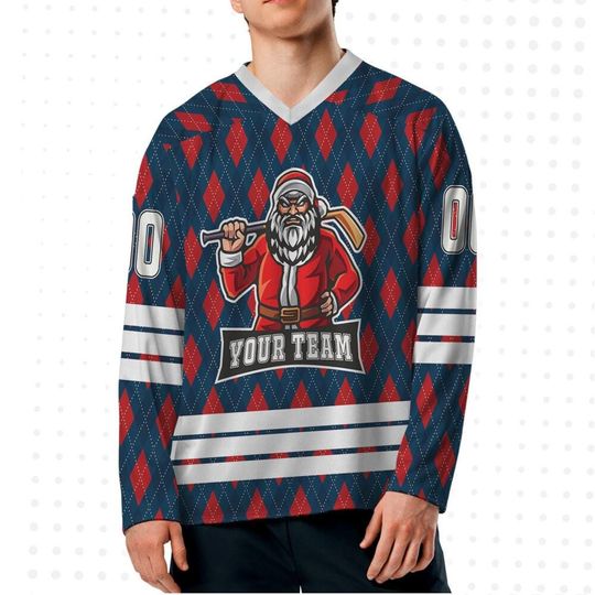 Discover Custom Hockey Jersey - Santa Logo Ugly Pattern Navy Plaid, Personalized Christmas Shirt for men, Matching Team Outfit, Gift for Boyfriend