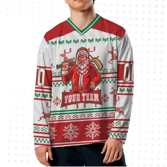 Discover Custom Hockey Jersey - Santa Logo Ugly Pattern All White, Personalized Christmas Shirt for men, Matching Team Outfit, Gift for Boyfriend