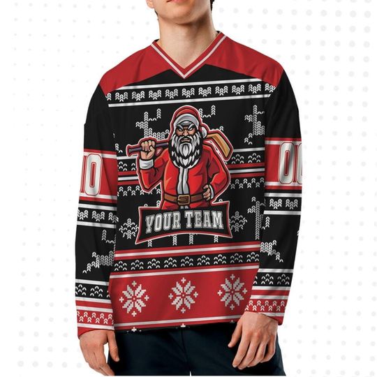 Discover Custom Hockey Jersey - Santa Logo Ugly Pattern All Black, Personalized Christmas Shirt for men, Matching Team Outfit, Gift for Boyfriend