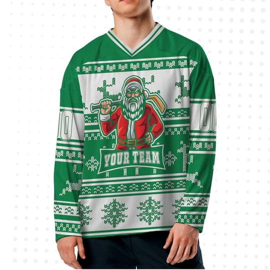 Discover Custom Hockey Jersey - Santa Logo Ugly Pattern All Green, Personalized Christmas Shirt for men, Matching Team Outfit, Gift for Boyfriend