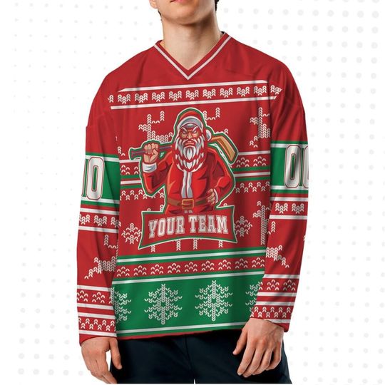 Discover Custom Hockey Jersey - Santa Logo Ugly Pattern Red Origin, Personalized Christmas Shirt for men, Matching Team Outfit, Gift for Boyfriend