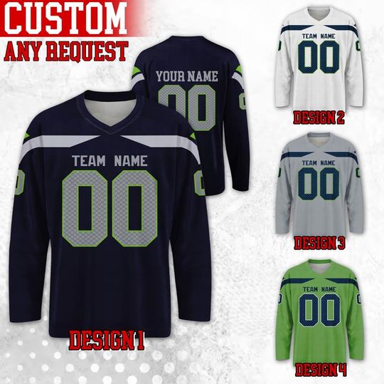 Discover Custom Famous Seattle Football Team Hockey Jersey, Custom Name Number Team Seahawk Long Sleeve Jersey, Gift For Birthday