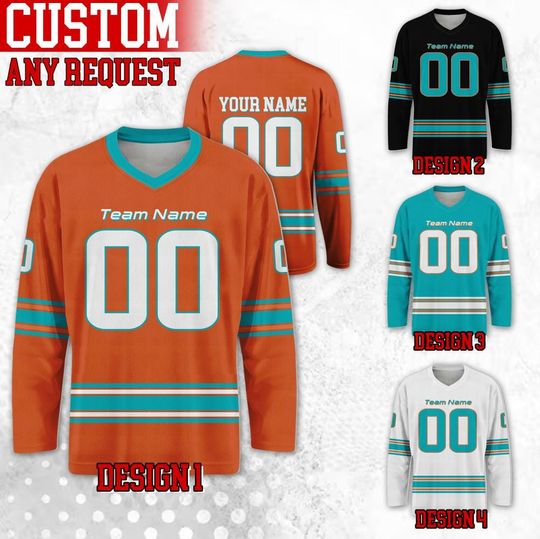 Discover Custom Famous Miami Football Team Hockey Jersey, Custom Name Number Team Dolphin Football Long Sleeve Jersey, Gift For Birthday