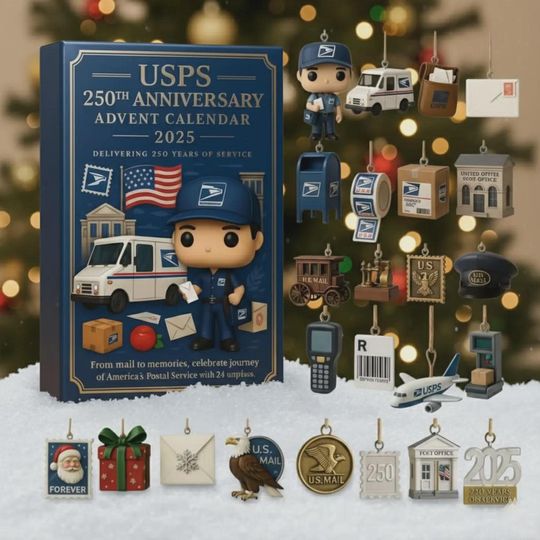 Discover Postal Service 250th Anniversary Advent Calendar, 2D Mail Carrier Theme Holiday Collectible Gift for Adults, 24 Acrylic Christmas Ornaments