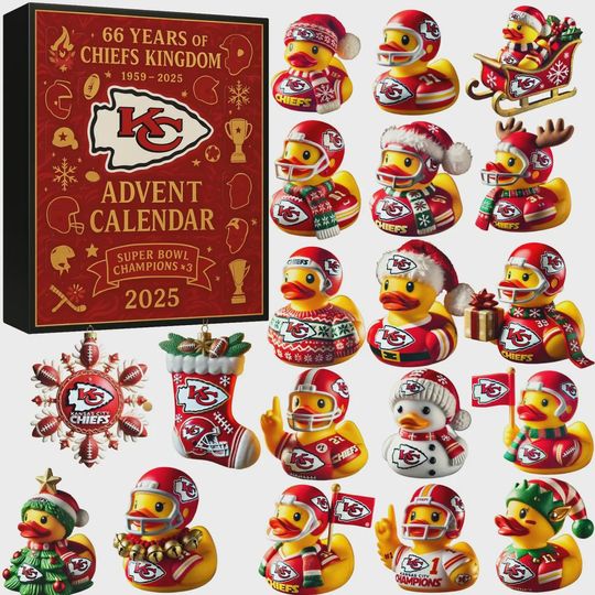 Kansas City Chiefs Inspired Advent Calendar 2025  Football Christmas Countdown Box, 24 Mini Ducks & Ornaments for football Fans