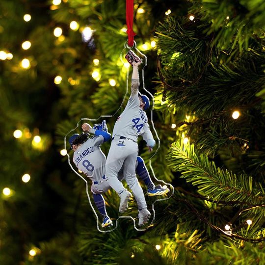 Andy Pages Kike Hernandez Outfield Catch Baseball Ornament, World Series Champions, Christmas Dodgers Ornament