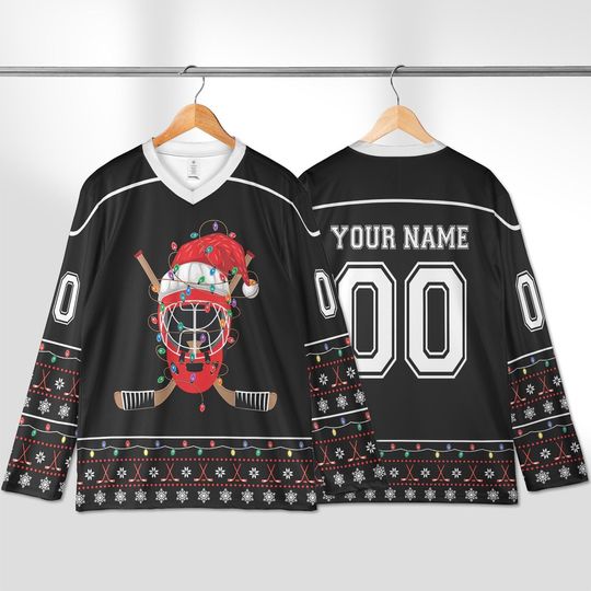 Discover Hockey Helmet Christmas Lights Jersey, Custom Xmas Hockey Jersey, Hockey Lover Gift, Game Day Jersey