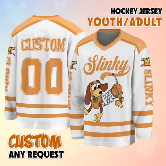 Discover Personalized Slinky Dog Hockey Jersey, Custom Disney Toy Story Shirt, Matching Family Outfit, Birthday Gift for Kids and Adults
