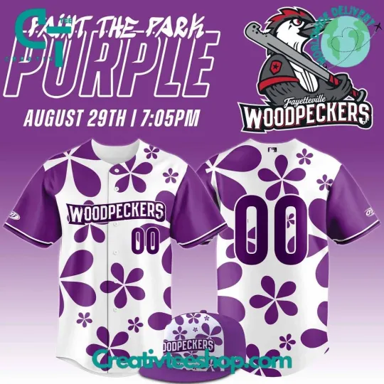 Discover Fayetteville Woodpecker “Purple Paint the Park” Custom Baseball Jersey