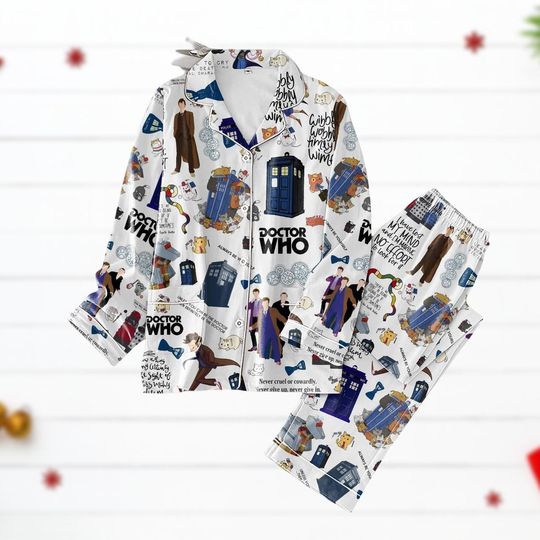 Doctor Who Christmas Pajamas Set, Time Traveler Holiday Pjs, Tardis Inspired Sleepwear For Men And Women, Sci Fi Xmas Gift, Holiday Gif