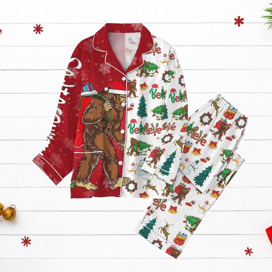 Bigfoot Believe Christmas Pajamas, Funny Sasquatch Holiday PJs, White And Red Pajama Set Gift For Family, Holiday Pjs Gift