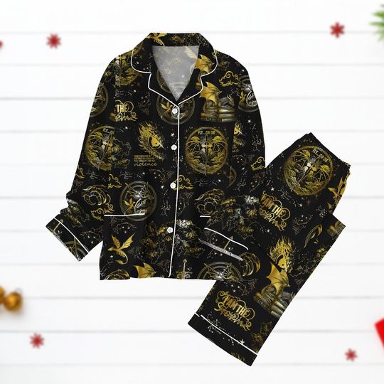 Discover Dragon Fantasy Bookish Pajamas, Gothic Gold Black Pjs Set For Men And Women, Mythical Creature Sleepwear, Cool Xmas Gift