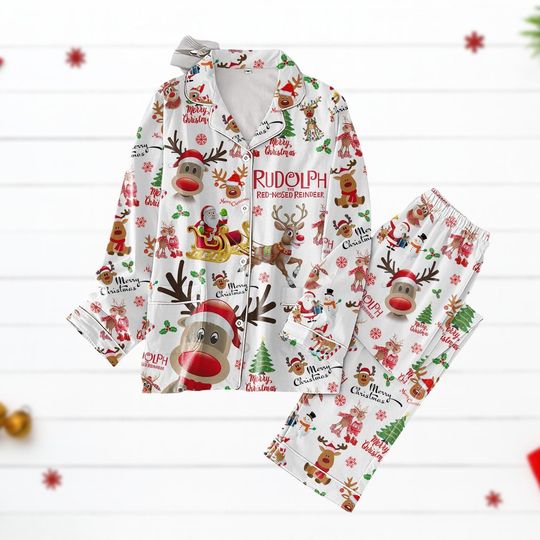 Rudolph Christmas Pajamas Set, Red Nosed Reindeer Holiday Pjs, Classic Santa Sleigh Sleepwear, Family Xmas Gift For Men And Women
