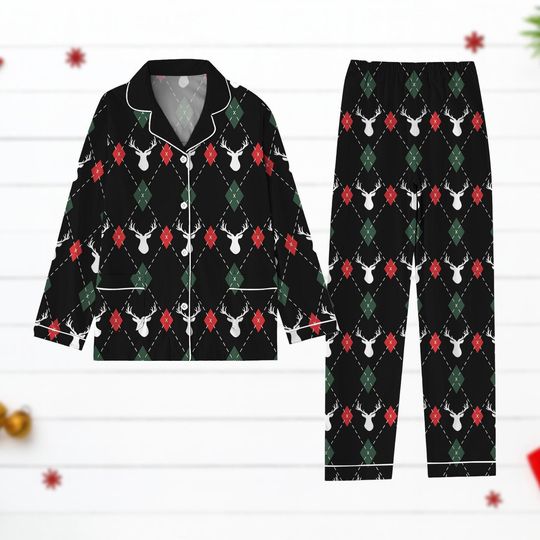 Discover Christmas Reindeer Argyle Pajamas Set, Funny Classic Holiday Pjs, Cozy Winter Sleepwear For Men And Women, Xmas Gift, Christmas Gift