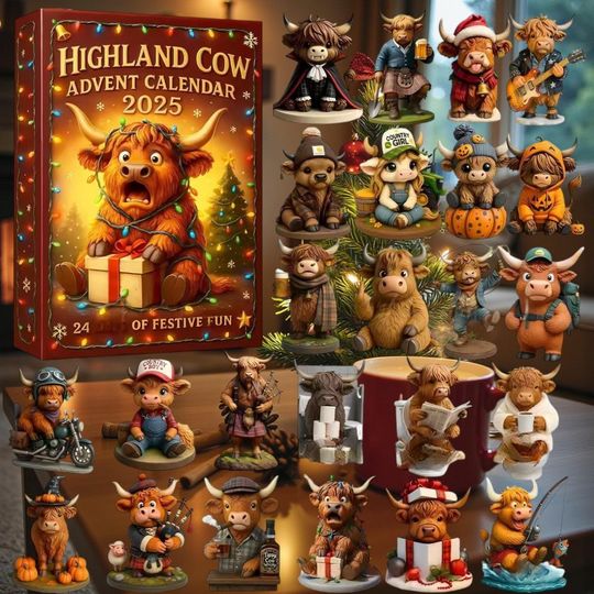 Discover 2025 Highland Cow Advent Calendar with 3D Figurines,Christmas Gift