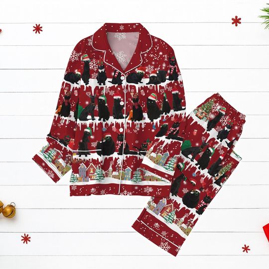 Discover Funny Black Cat Christmas Pajamas, Funny Everything Is Fine Holiday PJs, Cute Cat Pajama Set Gift For Cat Lovers, Christmas Pjs