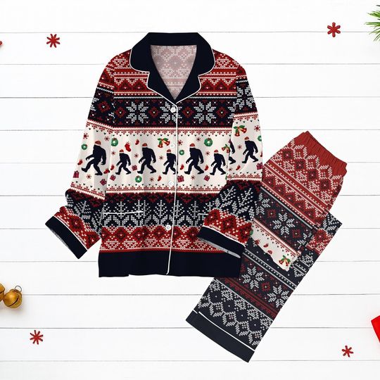 Bigfoot Yeti Christmas Pajamas, Funny Sasquatch Holiday PJs, Winter Fair Isle Pajama Set For Men Women Family, Christmas Holiday Pjs
