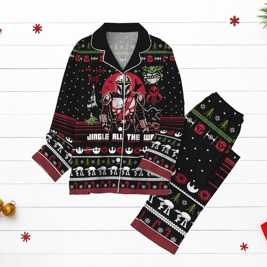 Mandalorian Christmas Pajamas, Jingle All The Way Star Wars PJs, Funny Star Wars Sleepwear, Funny Sci-Fi Holiday Pajama Set Gift