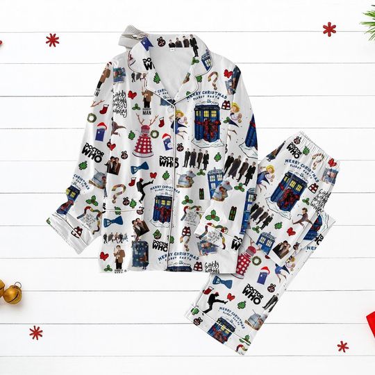 Doctor Who Christmas Pajamas, Sci-Fi Holiday Sleepwear Set, Funny Cartoon PJs For Women, Cozy Xmas Gift For Fans, Pjs Gift Her